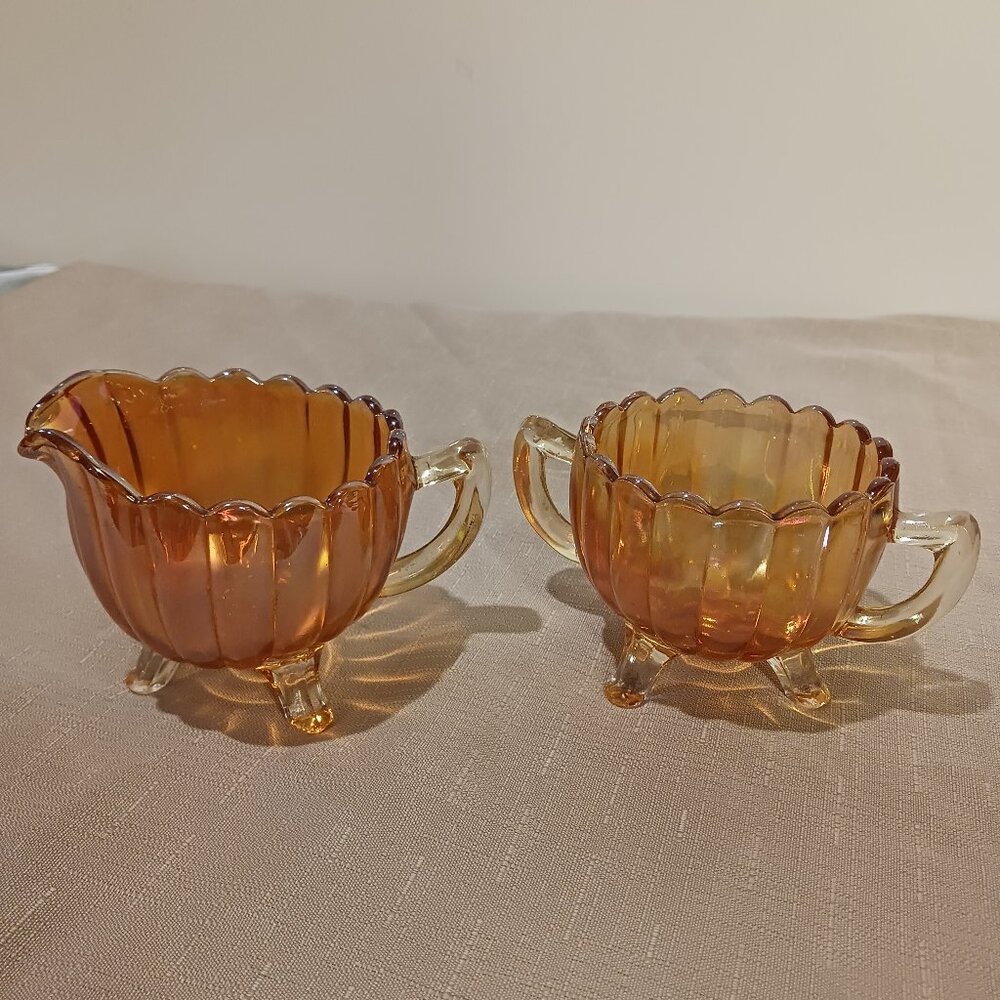 Imperial Glass Flute Carnival Glass Creamer and Sugar